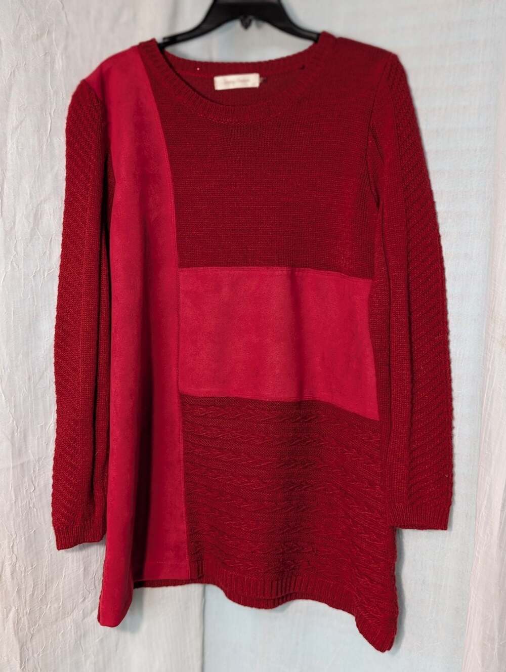 Simply Couture Red Colorblocked Suede Patchwork Wool Blend Tunic Sweater